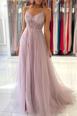 Long A-line V-neck Tulle Beaded Backless Prom Dress with Slit