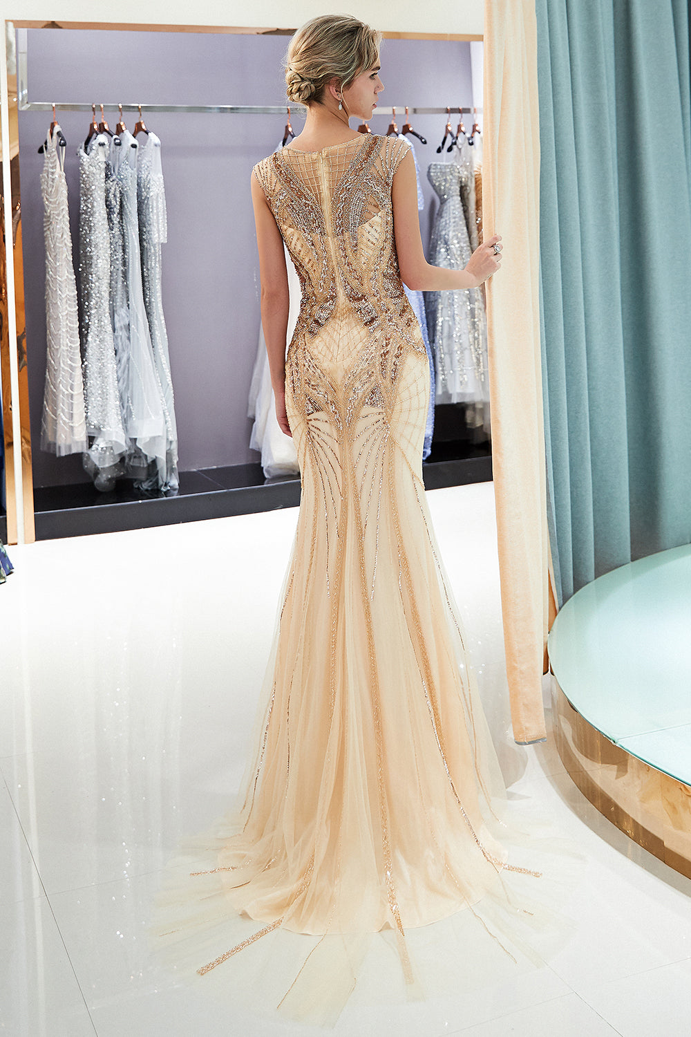 Long Mermaid Golden Sequins Beading Sleeveless Formal Evening Dress