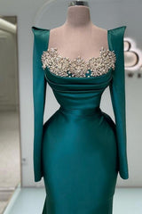 Long Mermaid Square Neck Satin Beaded Formal Prom Dresses with Sleeves