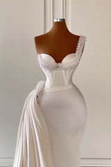 Long One Shoulder Sweetheart Mermaid Prom Dress with Ruffles