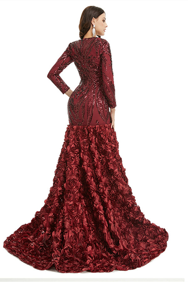 Charming Long Mermaid V-neck Satin Lace Formal Dress with Sleeves