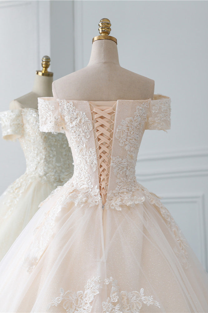 Long Ball Gown Off the Shoulder Tulle Wedding Dress with Appliques Lace
