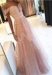 Elegant Off the Shoulder Appliques Lace A-Line Ruffles Floor Length Prom Dress
