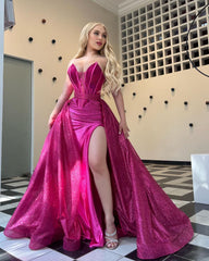 Sparkle Strapless Long Sweetheart Mermaid Split Prom Dress with Detachable Train