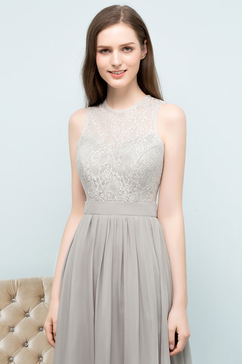 A-line Chiffon Lace Jewel Sleeveless Floor Length Bridesmaid Dresses