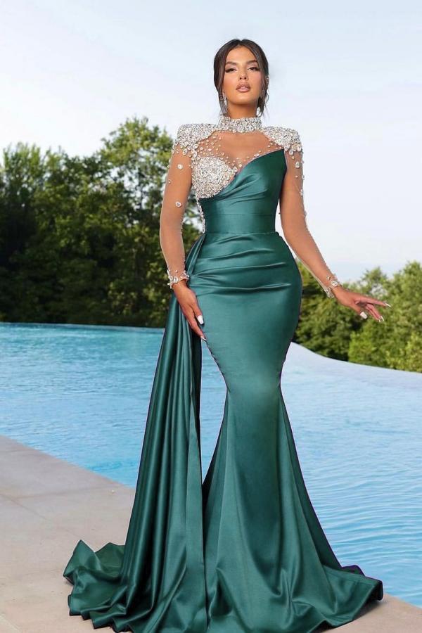Burgundy Long Mermaid High Neck Satin Beaded Prom Dresses with Sleeves