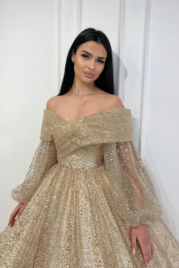 Glitter Short A-line Off the Shoulder Formal Party Dresses with Sleeves