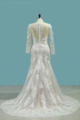 Plus Size Long Sleeve Bateau Floor Length Mermaid Wedding Dress With Appliques Lace