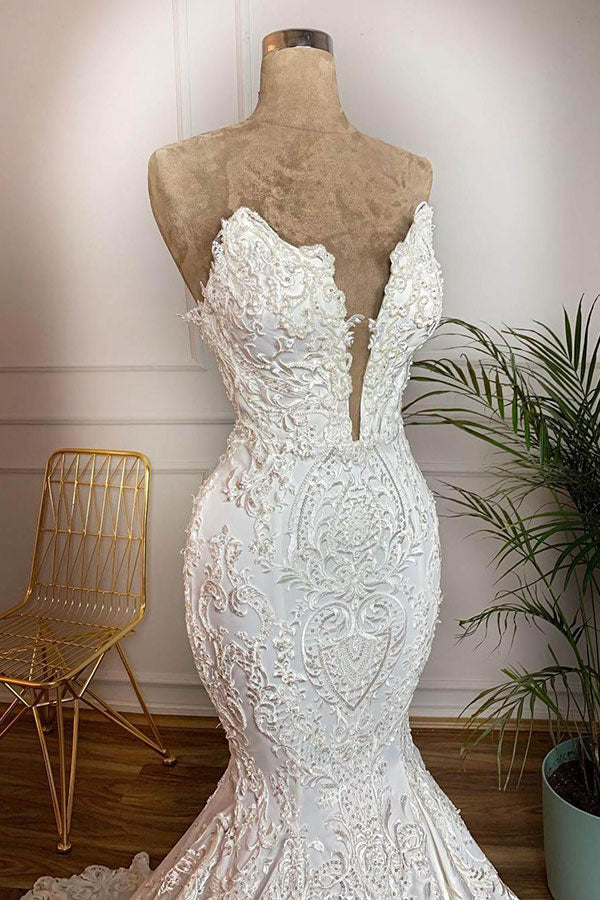 Long Strapless Appliques Lace Satin Mermaid Wedding Dress