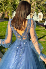 Chic Long A-line V-neck Tulle Backless Prom Dresses with Sleeves