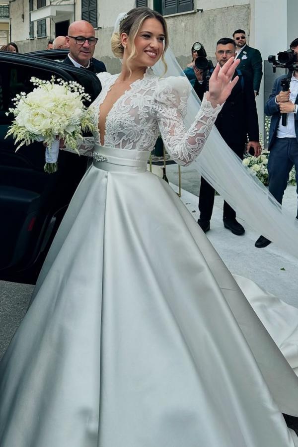 Long Sleeve Deep V-Neck A-Line Lace Satin Wedding Dress with Ruffles