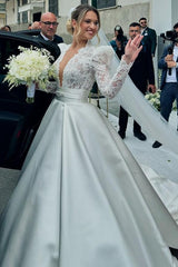 Long Sleeve Deep V-Neck A-Line Lace Satin Wedding Dress with Ruffles