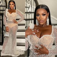 Sexy Long Sleeve Mermaid Tulle Prom Dress with Sequins