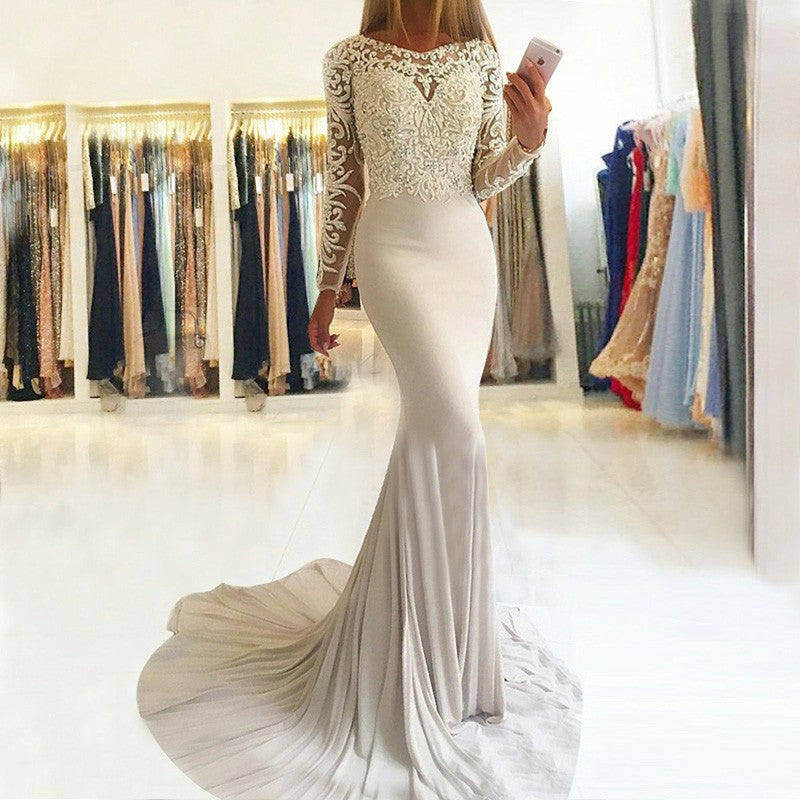 Charming Long Sleeves Chiffon Mermaid Prom Dress With Appliques Lace