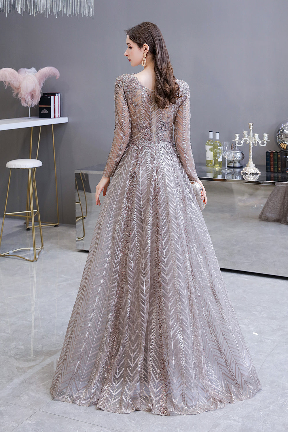 Long A-line V-neck Tulle Appliques Lace Formal Evening Dresses with Sleeves