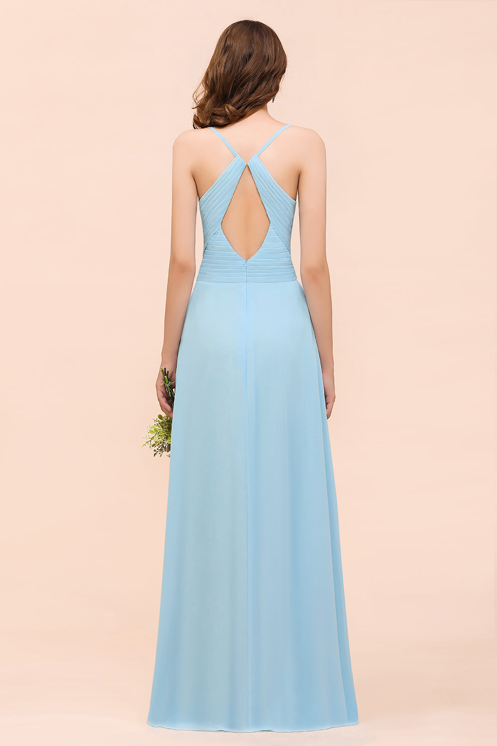 Chic Long Sweetheart Spaghetti Straps Sky Blue Chiffon Bridesmaid Dress with Ruffle