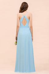 Chic Long Sweetheart Spaghetti Straps Sky Blue Chiffon Bridesmaid Dress with Ruffle
