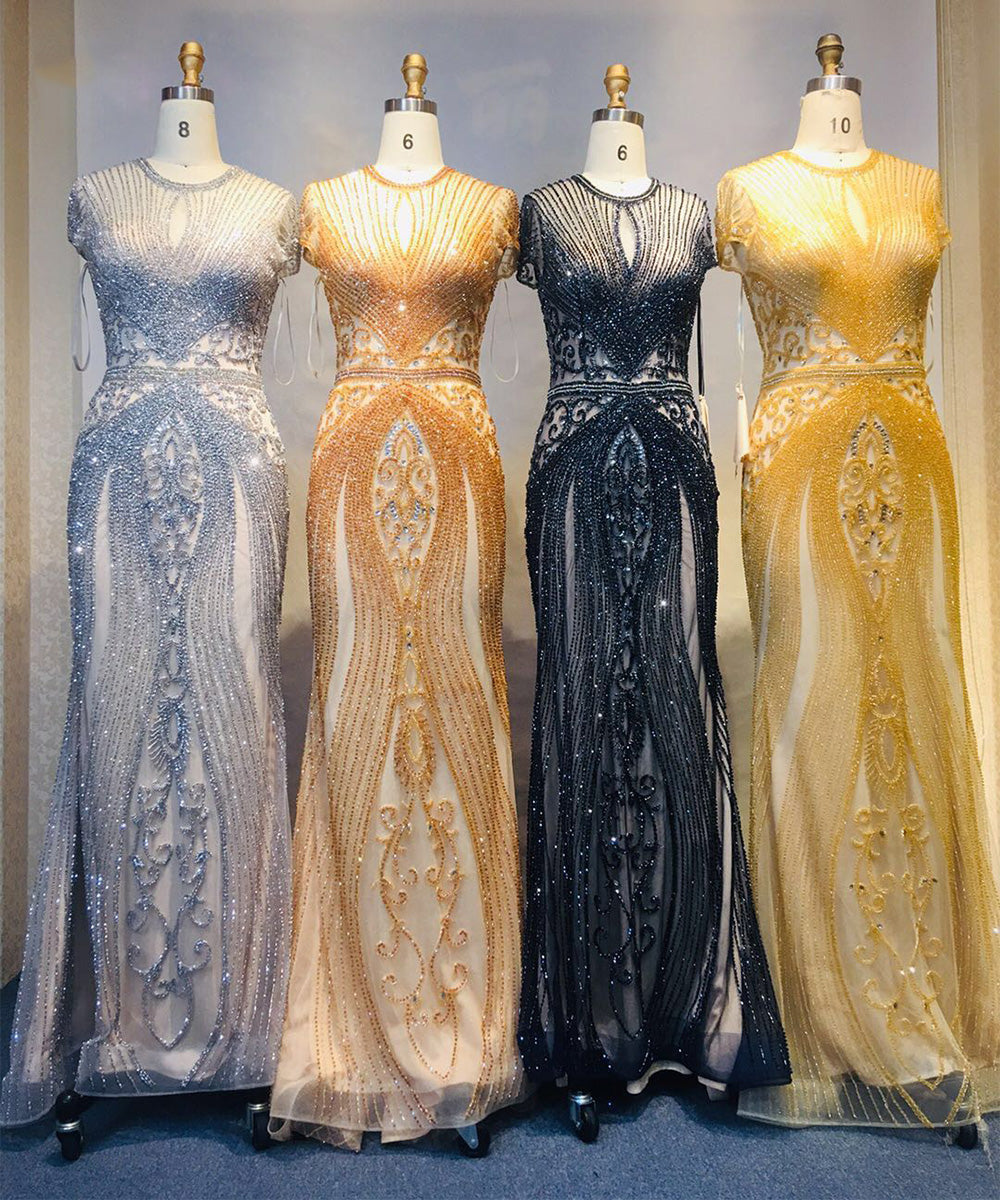 Long Mermaid Jewel Satin Beads Formal Evening Dresses