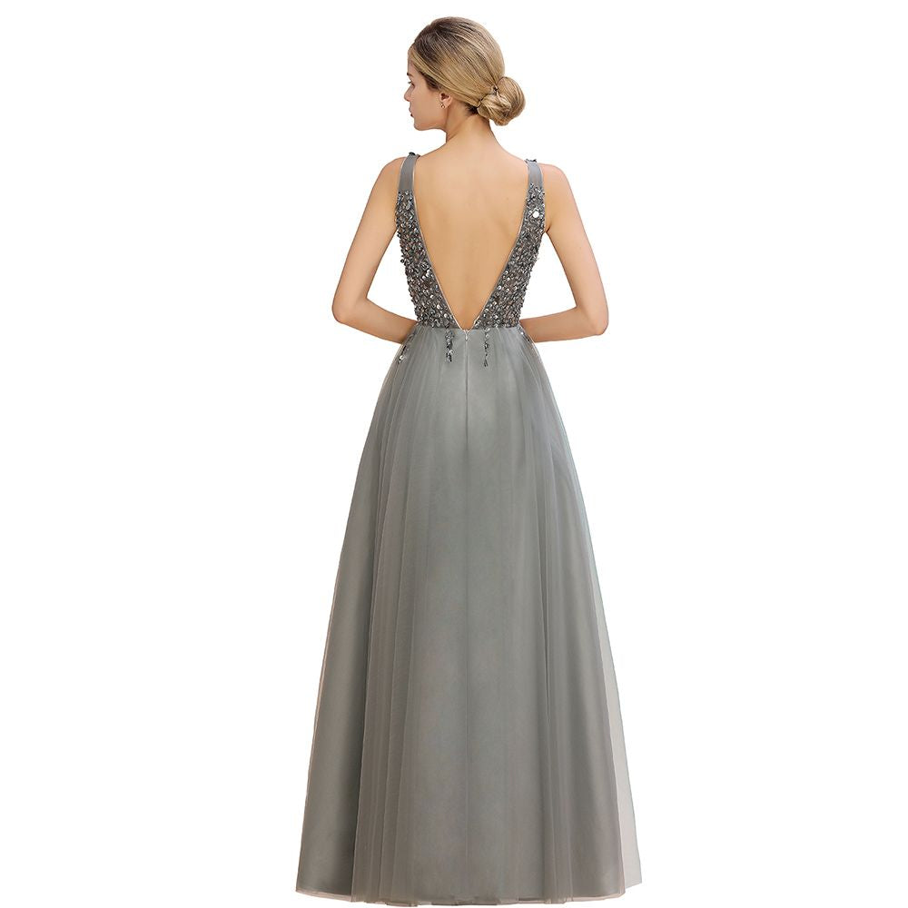 Long V-neck Tulle A-line Chiffon Beaded Formal Evneing Dress