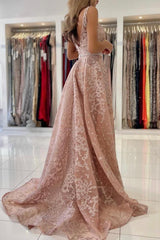 Elegant Long A-line V-neck Tulle Lace Appliques Formal Prom Dresses with Train