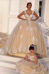 Elegant Ball Gown Off The Shoulder V Neck Tulle Appliques Lace Long Wedding Dress