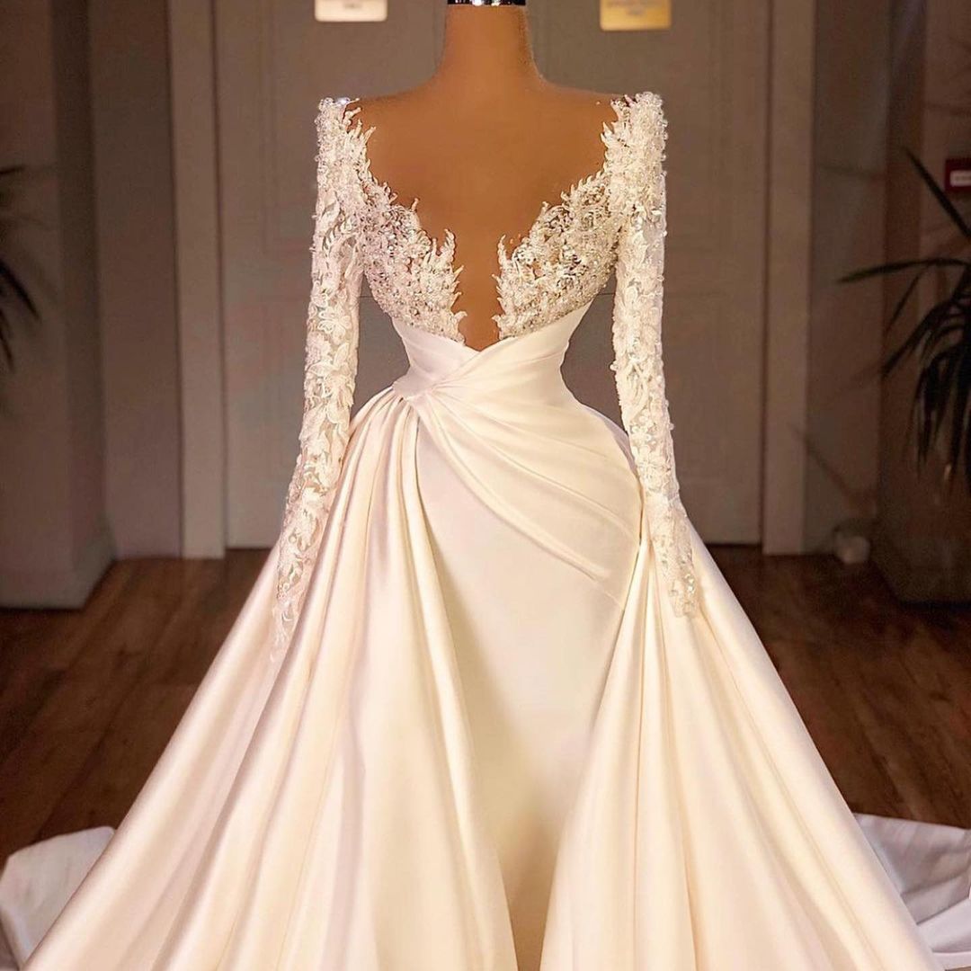 Long Mermaid Satin Lace Off the Shoulder Sequined Wedding Dress