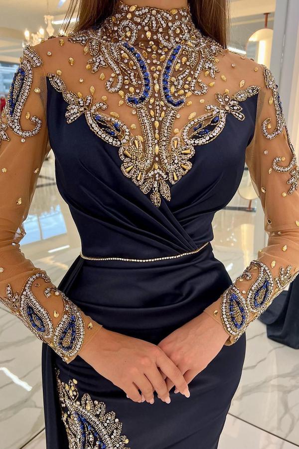 Long Sleeves Mermaid Halter Satin Beading Formal Evening Dress with Slit