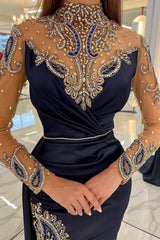 Long Sleeves Mermaid Halter Satin Beading Formal Evening Dress with Slit