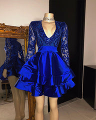Short A-line V-neck Layers Sequins Appliques Homecoming Dress with Sleeves