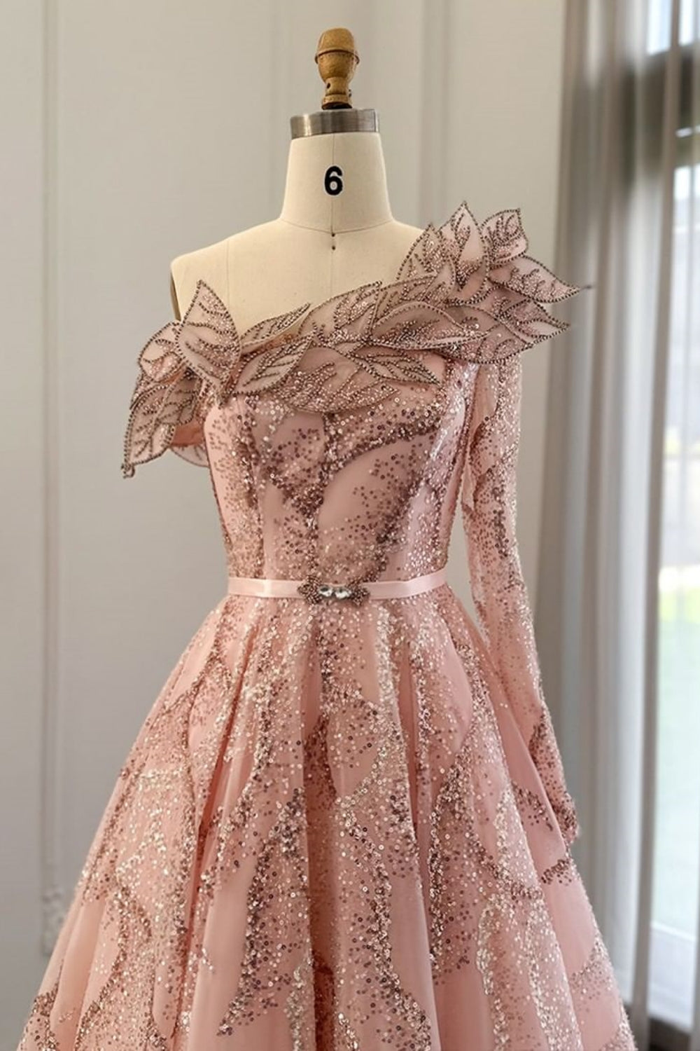 Luxury Long A-line One Shoulder Shiny Sequins Formal Prom Dress with Sash