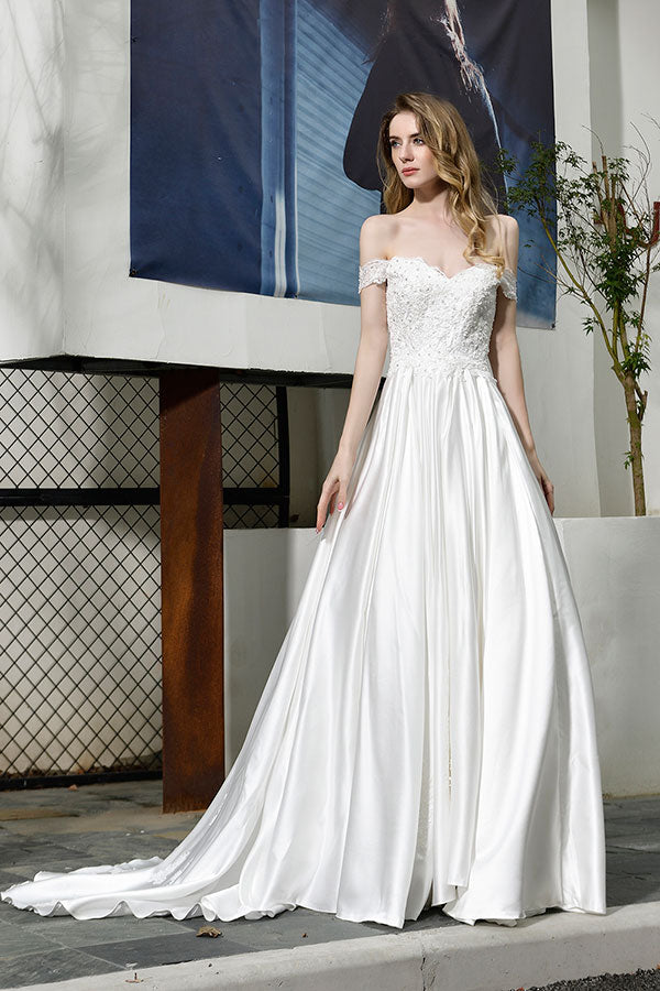 Long A-line Off the Shoulder Appliques Lace Satin Wedding Dress