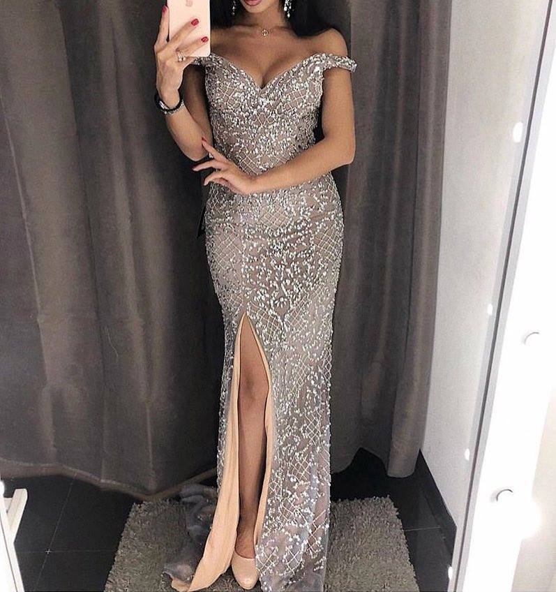 Long Sweetheart Off the Shoulder Beading Mermaid Prom Dress With Side Slit