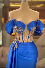 Royal Blue Mermaid Off the Shoulder Satin Beading Long Prom Dress