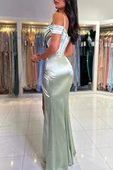 Long Mermaid Off the Shoulder Spaghetti Straps Prom Dresses with Slit