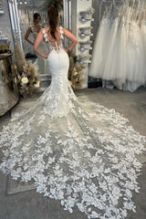 Plus Size Spaghetti Straps Open Back Mermaid Sweetheart Long Lace Wedding Dress
