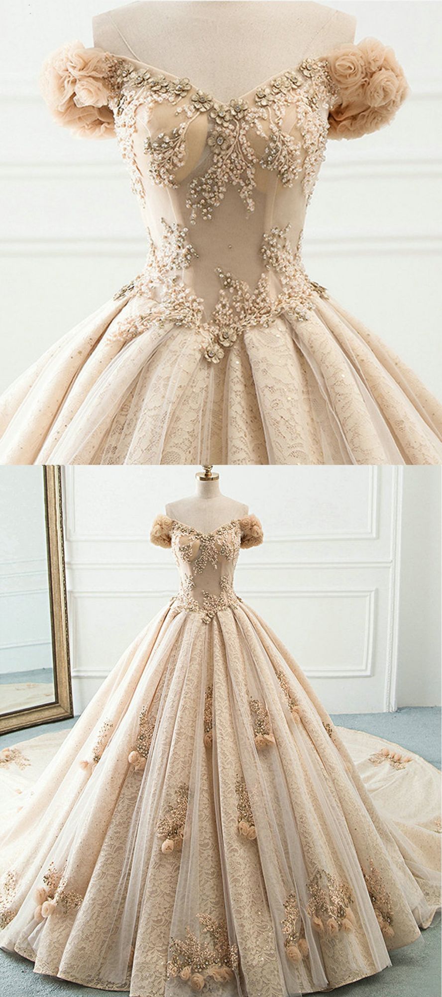 Ball Gown Long Champagne Lace Off Shoulder Court Train Beaded Wedding Dress