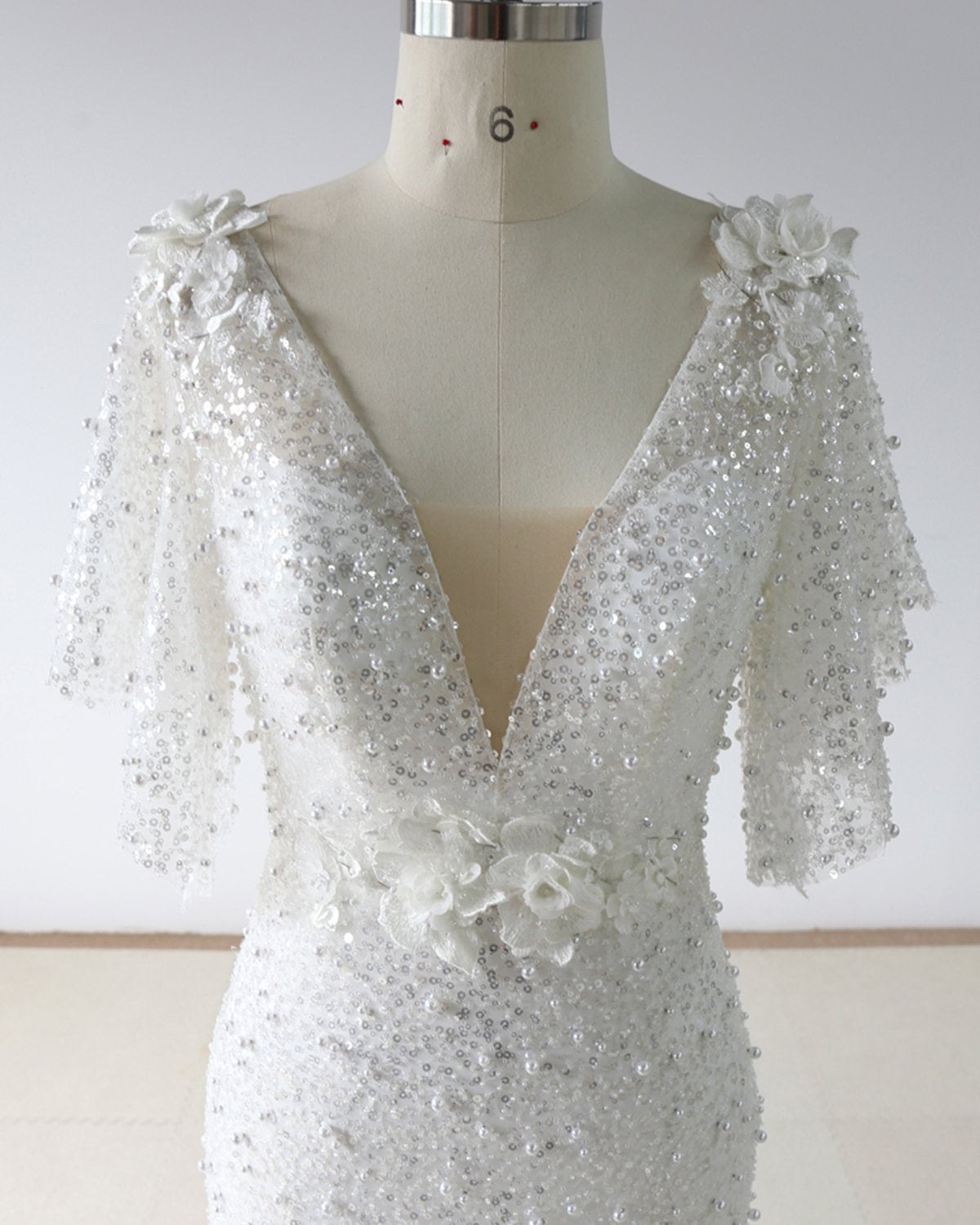 Stunning Sequins White Tulle Sweep Train Mermaid Short Sleeve Wedding Dress