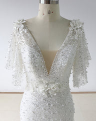 Stunning Sequins White Tulle Sweep Train Mermaid Short Sleeve Wedding Dress