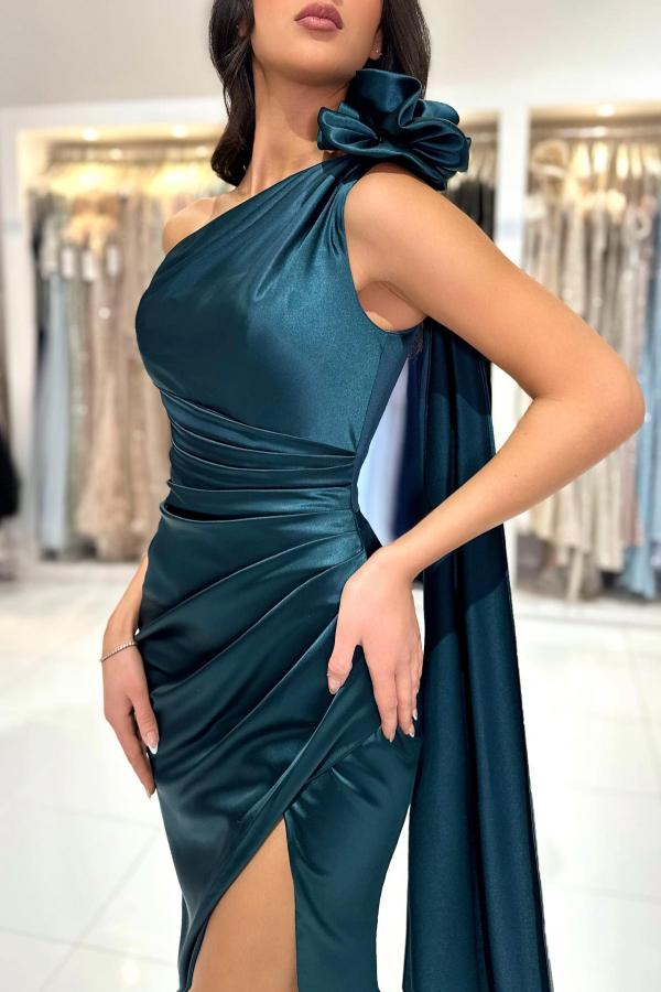 Elegant Long One Shoulder Mermaid Satin Front Slit Prom Dresses