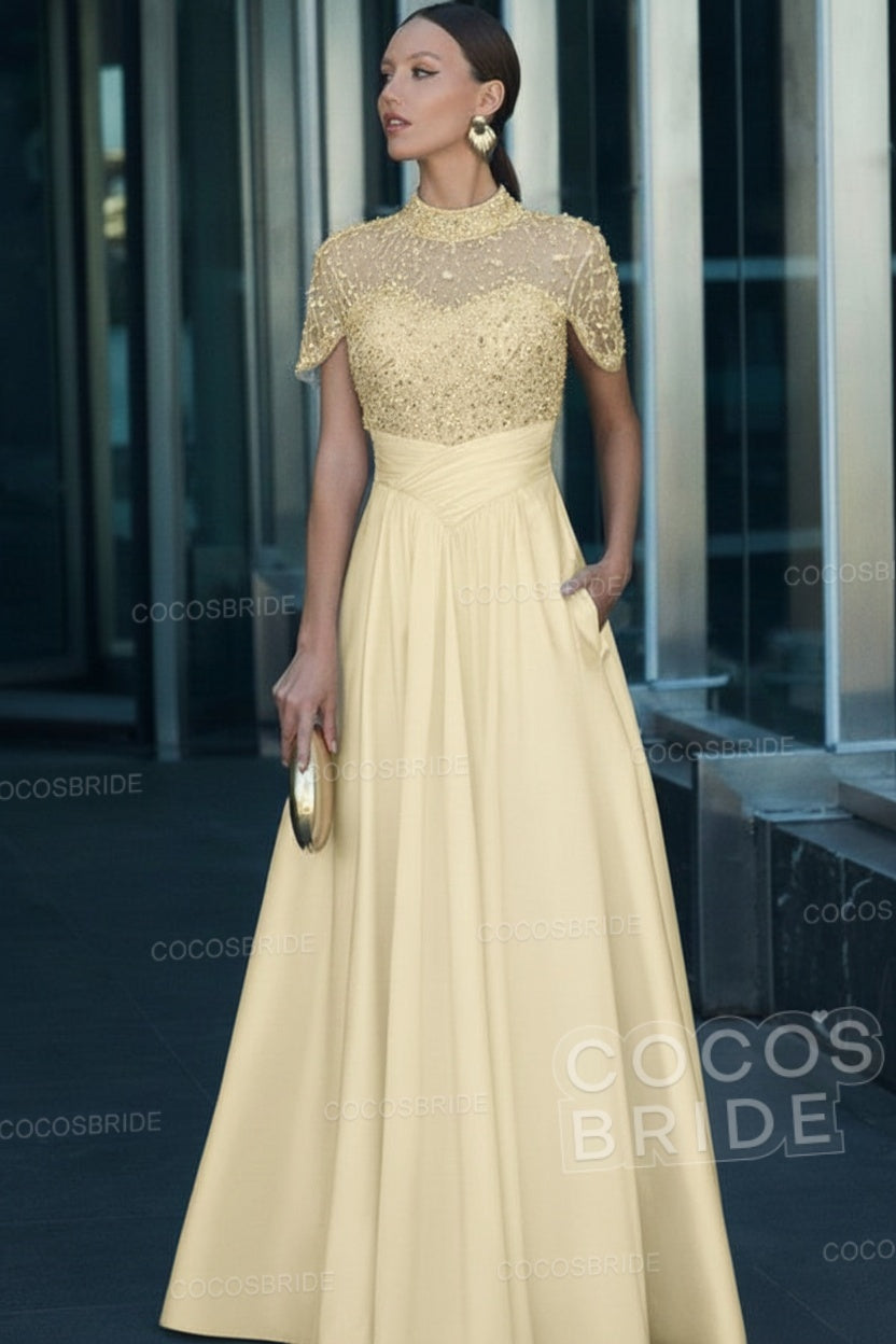 Elegant Illusion Neck Long A-line Formal Evening Dress with Pockets
