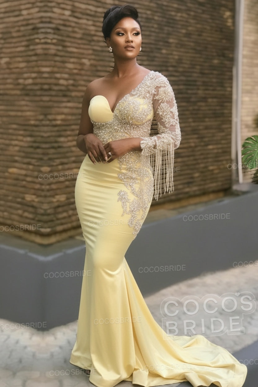 Long Mermaid Appliques One Shoulder Floor Length Formal Evening Dress