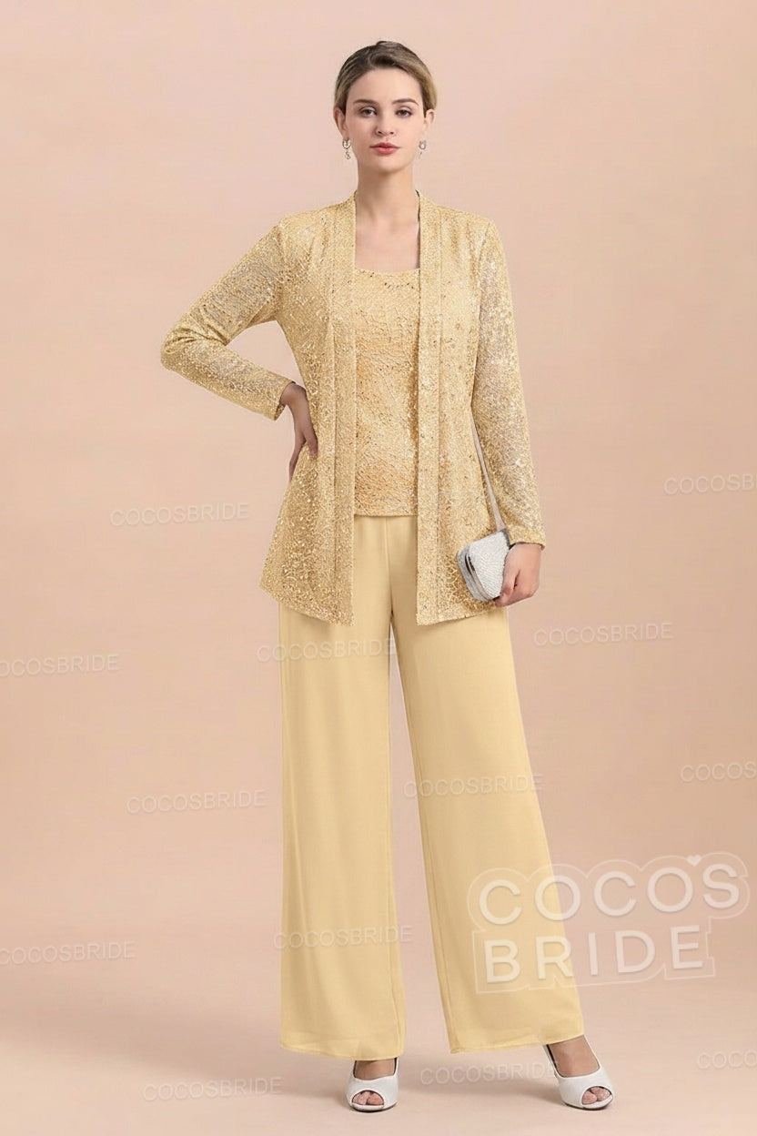 Long Sequined Chiffon Pantsuits for the Mother of the Bride with Jacket