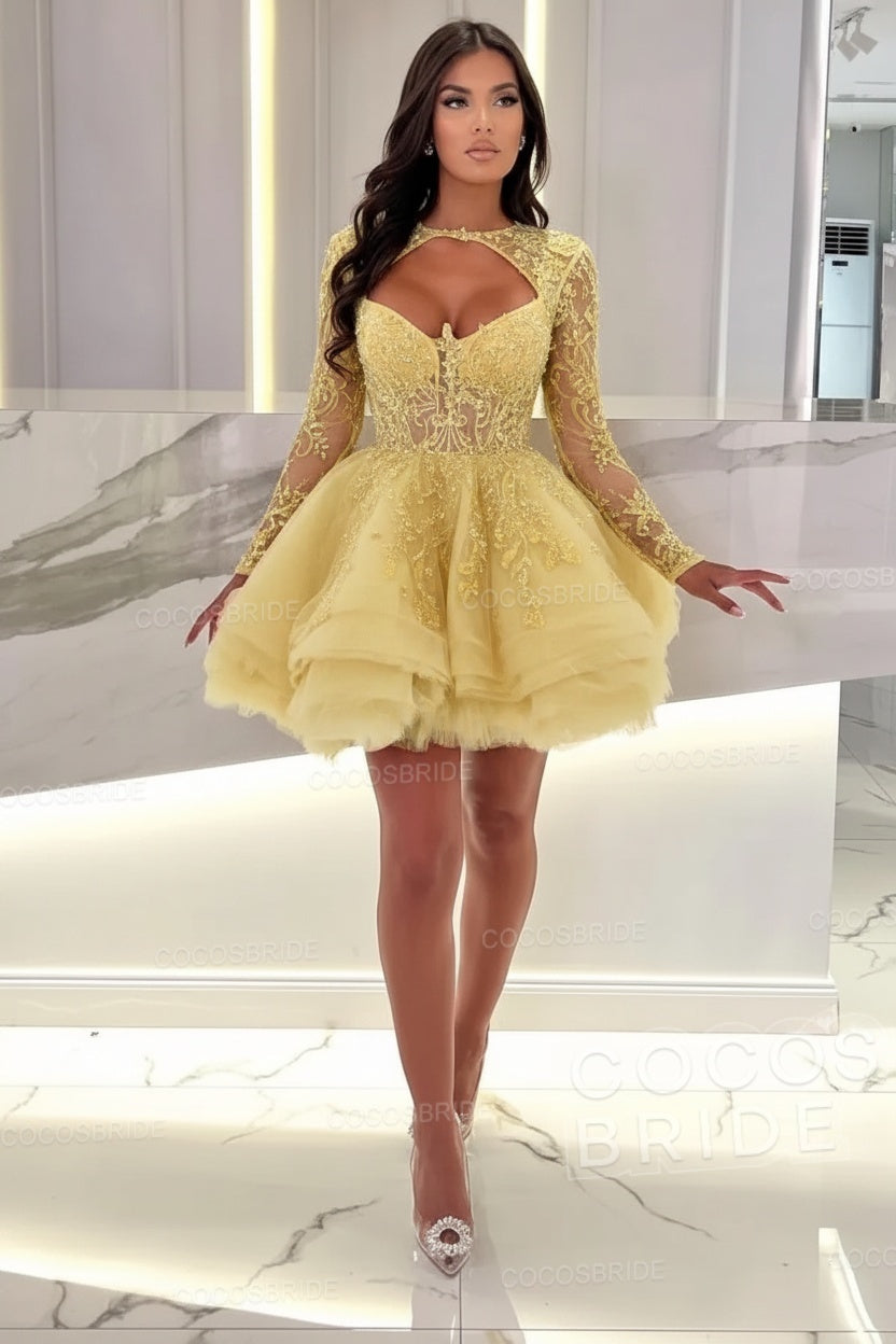 Sexy A-line Sweetheart Tulle Short Beading Party Dress with Long Sleeves