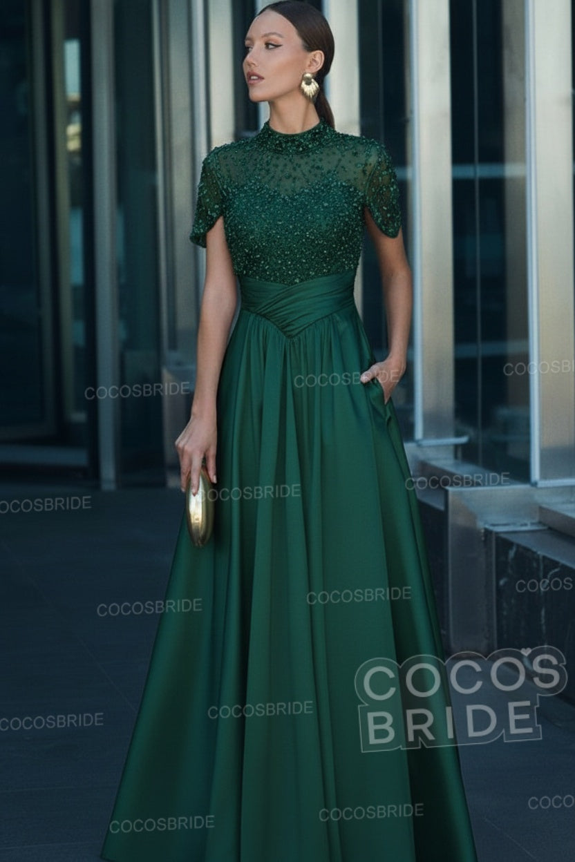 Elegant Illusion Neck Long A-line Formal Evening Dress with Pockets