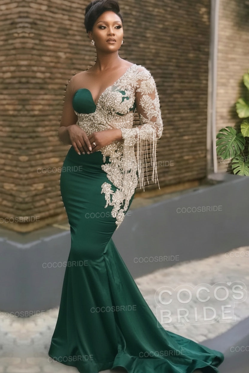 Long Mermaid Appliques One Shoulder Floor Length Formal Evening Dress