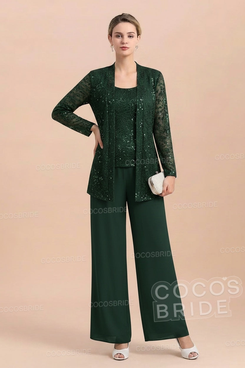 Long Sequined Chiffon Pantsuits for the Mother of the Bride with Jacket