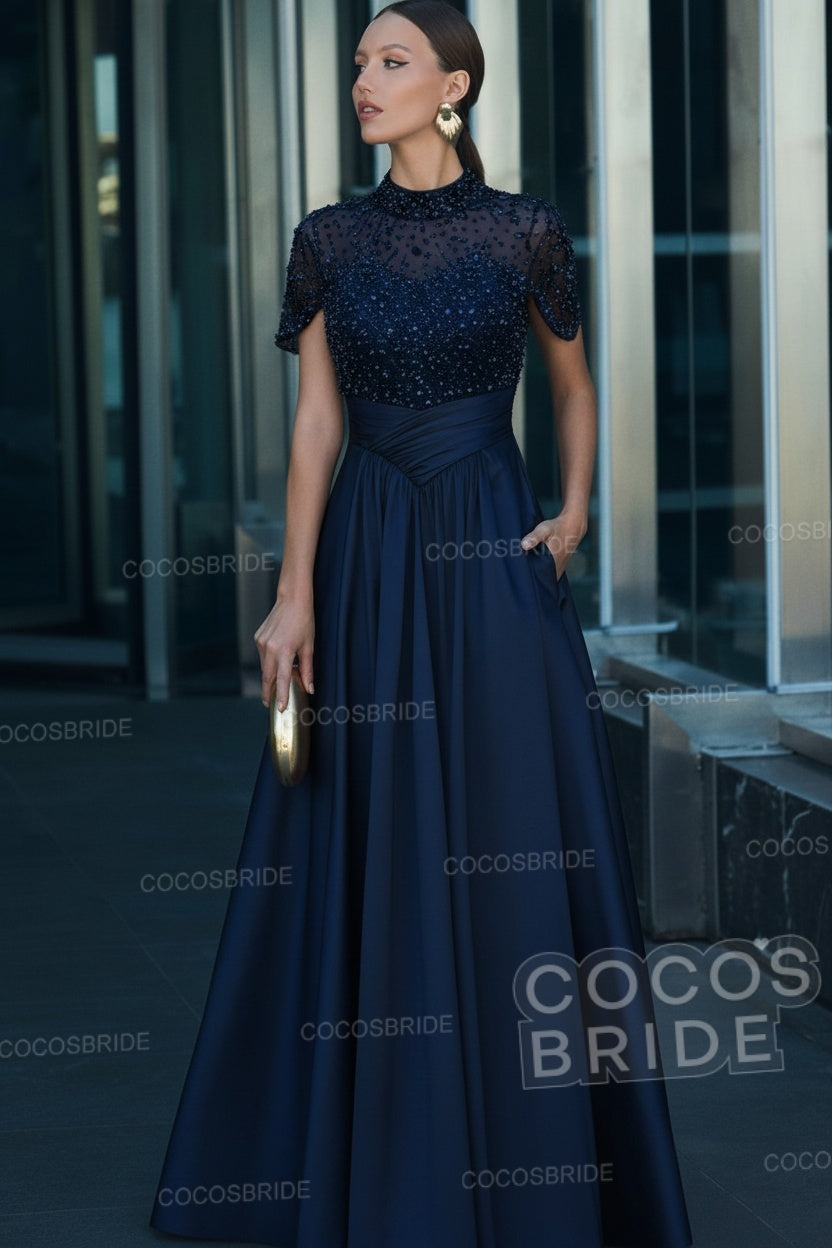 Elegant Illusion Neck Long A-line Formal Evening Dress with Pockets
