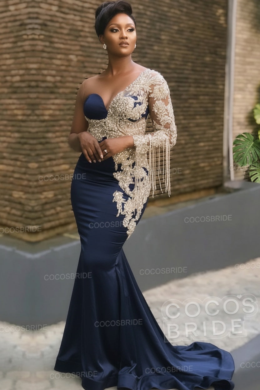 Long Mermaid Appliques One Shoulder Floor Length Formal Evening Dress