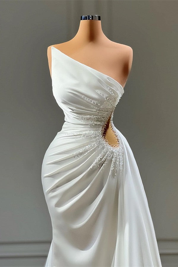White Long Mermaid One Shoulder Satin Formal Prom Dress