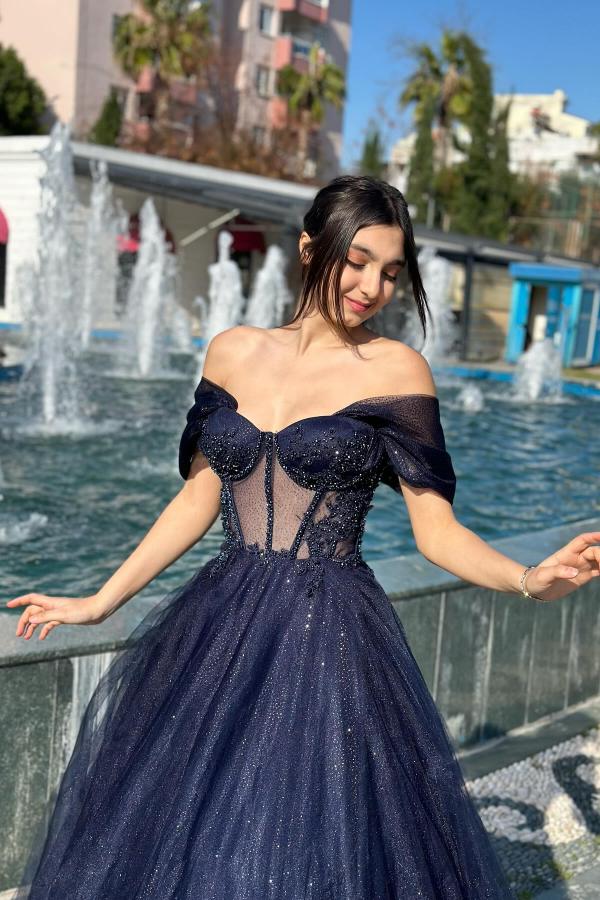Glitter Long A-line Off the Shoulder Sweetheart Formal Prom Dresses